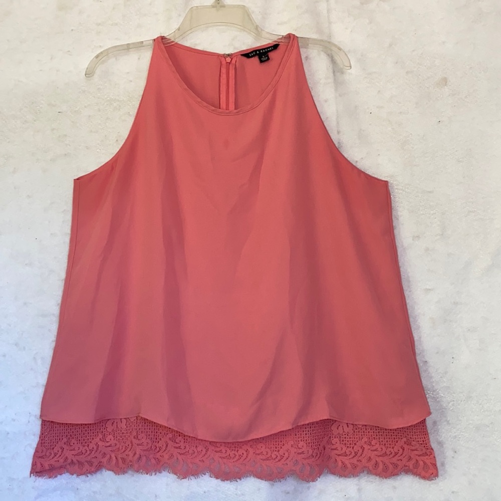 Zac & Rachel Salmon Pink Lace Trim Tank Top Scoop Neck Back Zip Lined Size